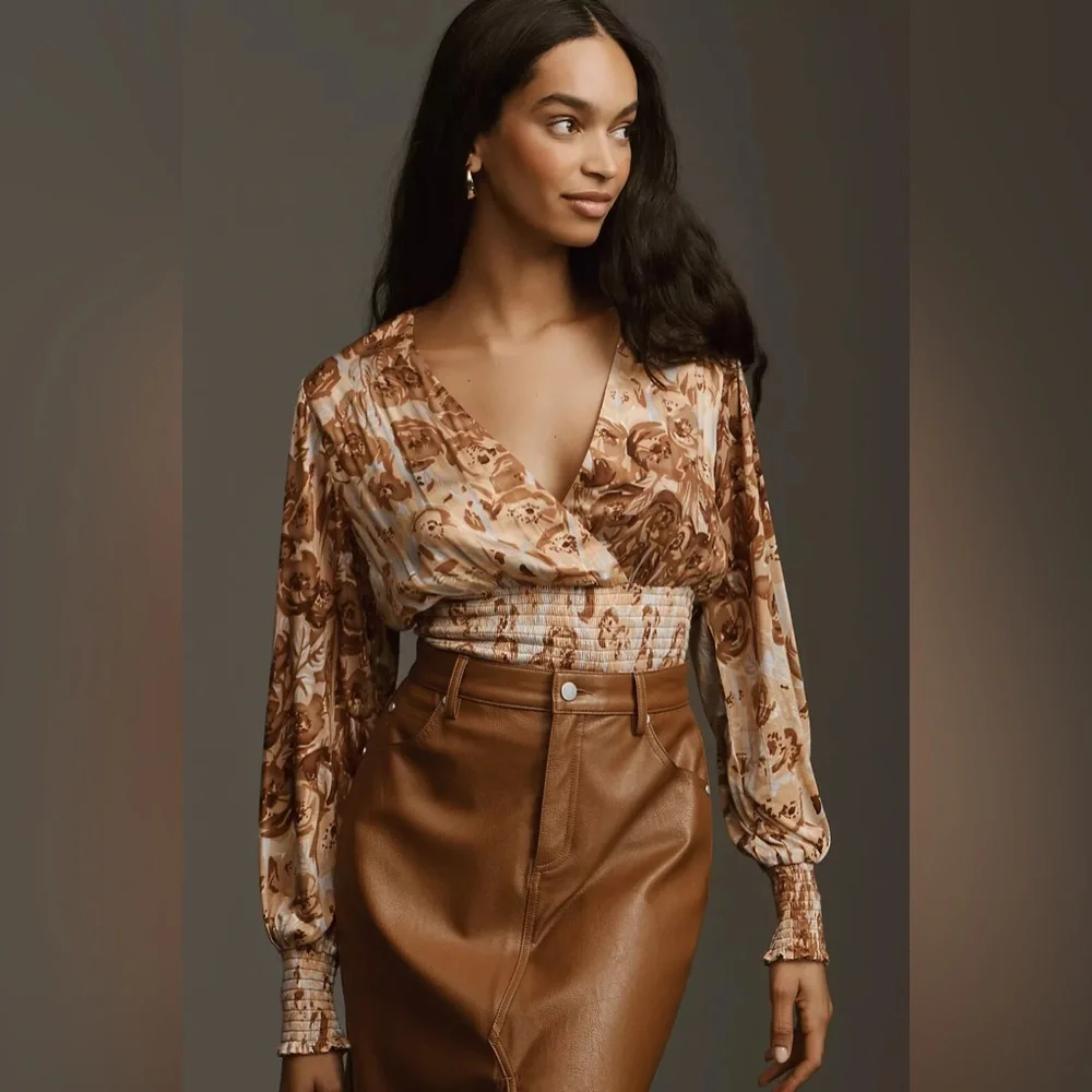 Anthropologie Tiny Valentina Long-Sleeve Printed Surplice Top - Picture 4 of 8